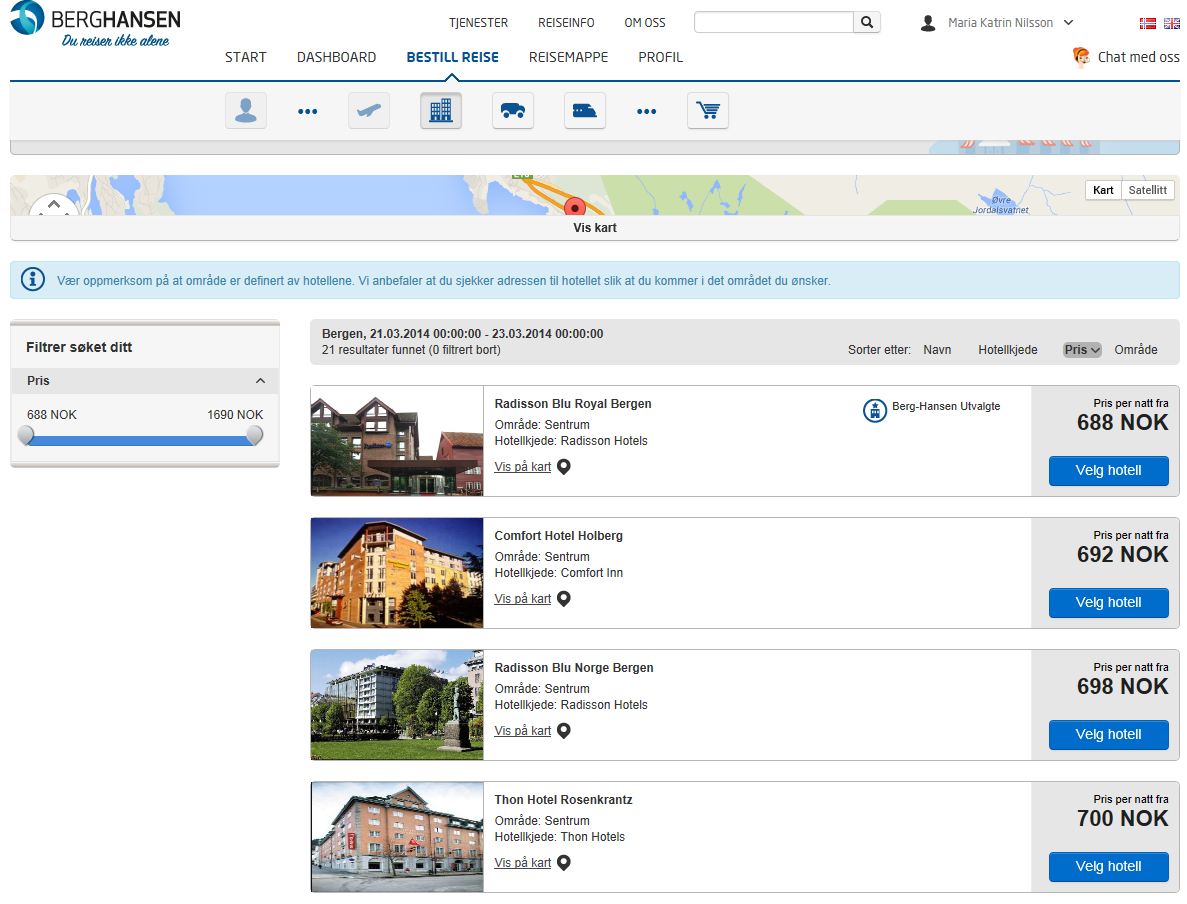 2.4 Resultatsiden for søk etter hotell Ekspander kart for å se hvor hotellet ligger, eller klikk på lenken «vis på kart» under hvert enkelt hotell. Søkeresultatet er basert på dine hotellavtaler.