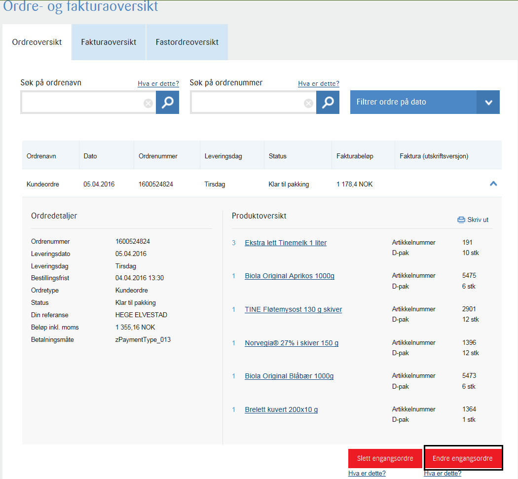 Endring av bestilling Klikk på «ordre og faktura» til venstre på forsiden etter at du har logget inn, eller velg «Ordreoversikt» i menyen. Du kommer nå til oversiktssiden for alle ordre og faktura.