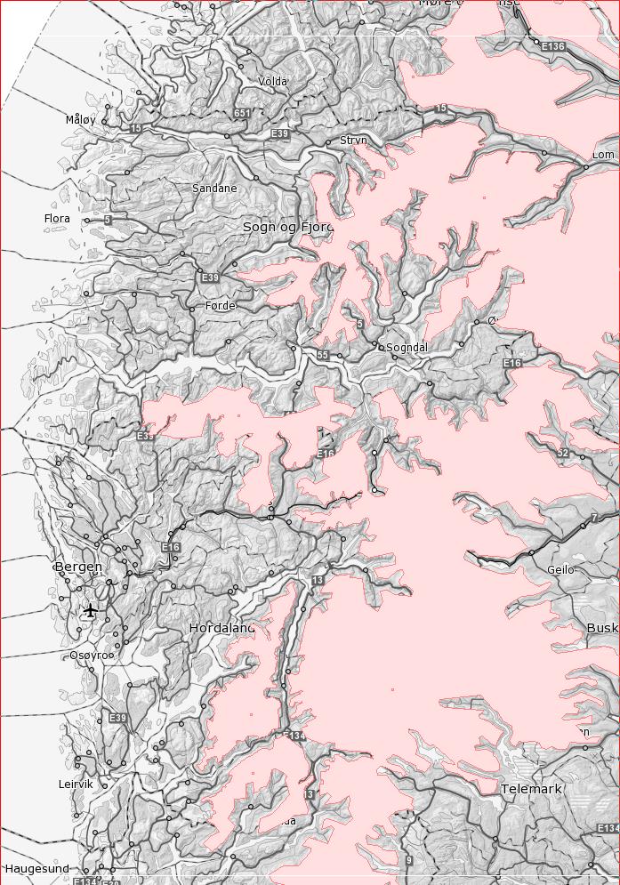 Kartoversikt 2. Raude områder viser areal med potensiale for matching av høgdedata frå omløpsfoto. Områda er verifisert av NVE/NGU som treng laserdata i fjellsidene heilt opp til fjellplatåa.