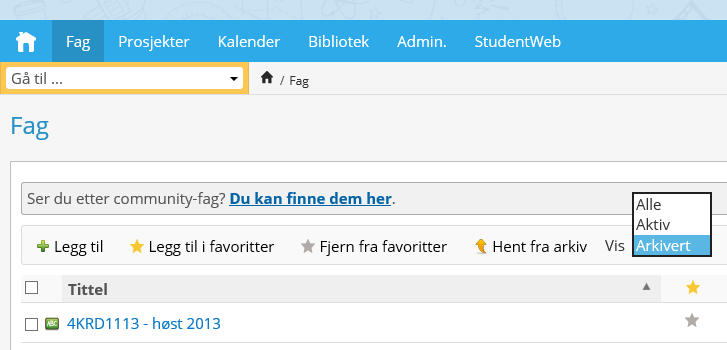 Når et semester er avsluttet vil emnene fra semesteret automatisk arkiveres. For å få tilgang til arkiverte fag skal du: 1. Søke på arkiverte fag Default innstilling er at kun aktive fag vises.