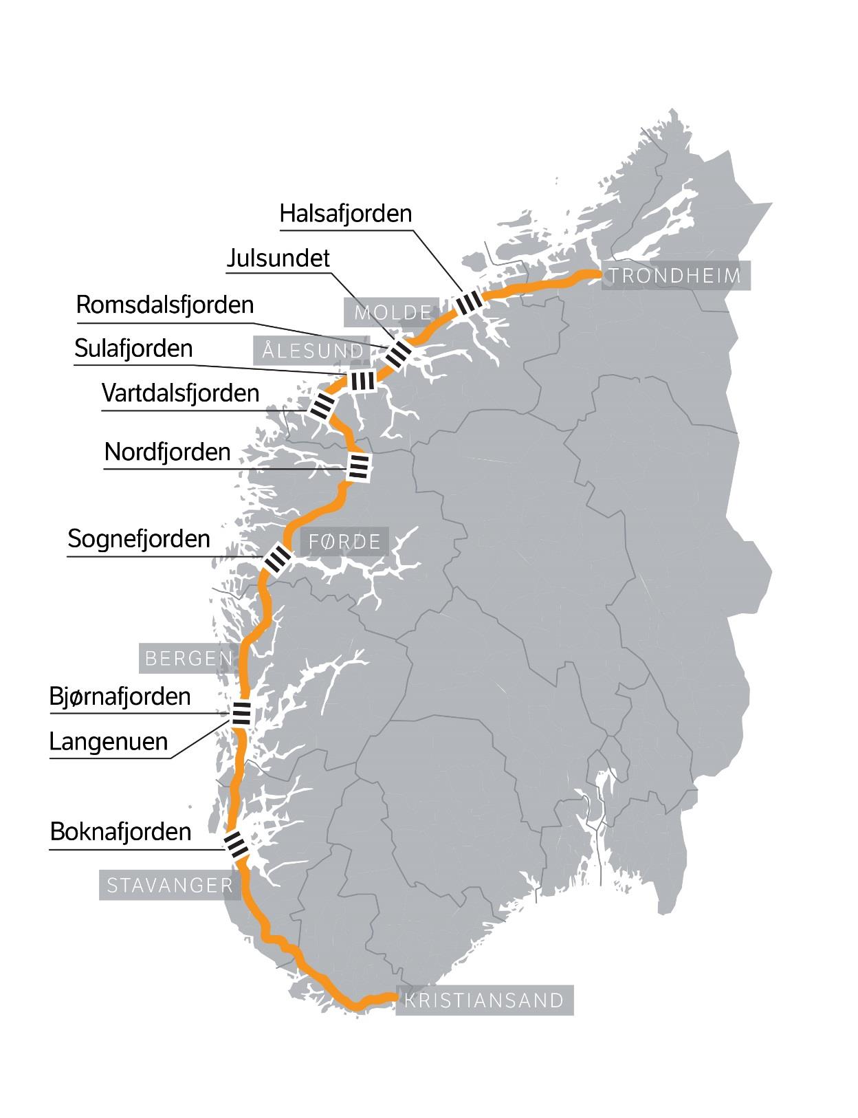 Ferjefri E39 Fjordkrysninger under planlegging 2016 Halsafjorden, 2 km, 5-600 m Romsdalsfjorden, 15,5 km Subsea tunnel 350 MBSL + 1,6 km bridge, 5-600 m Sulafjorden, 3,8 km, 500 m