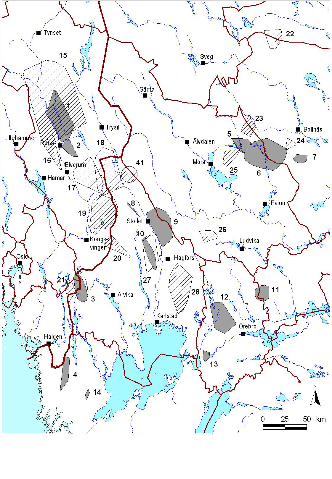 Figur 2. Utbredelsen av ulveflokker (mørkt raster) og revirmarkerende ulvepar (lys skravering) i Skandinavia vinteren 2004-2005.