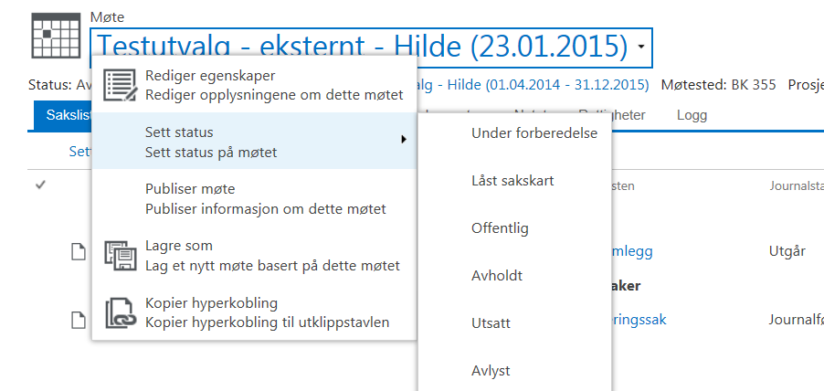 Møteadministrasjon etter møtet Når møtet er over set du møtestatus til Avholdt. Statuskoder Under forberedelse - Denne statusen vert sett når møtet vert oppretta.