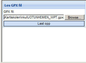 Trykk på Les GPX, for å finne riktig GPX-fil med kartkoordinatene til det første punktet Du får nå opp en ny dialogboks hvor du browser for å hente opp GPX-fila.