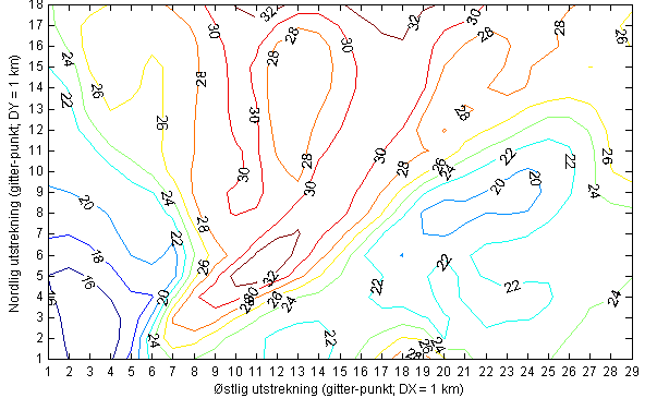 Figur 3.2.16: 3D randverdifelt for PM 2.5 (µg/m 3 ) for Oslo 28. mars 2013 kl. 23-24. Verdiene er vist for nederste modellag i EPISODE. Figur 3.2.17: Vindfelt (Konturlinjer viser vindstyrke i m/s) fra HARMONIE35 for Oslo 28.