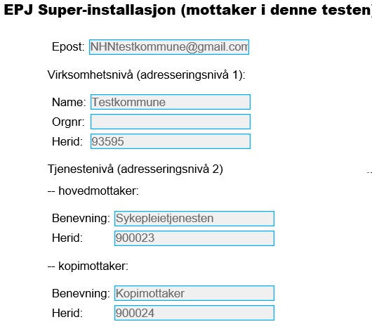 4.4 GJELDENDE KOMMUNIKASJONSDATA Gå til steg 2. Kontroller. Her presenteres først kommunikasjonsdata for samhandlingspart i NHN Testsenter.