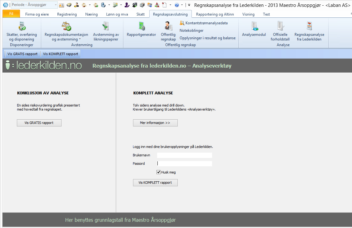 Regnskapsanalyse med risikovurdering Integrert i Maestro Årsoppgjør GRATIS- 1 sides konklusjon med risikovurdering og hovedtall KOMPLETT