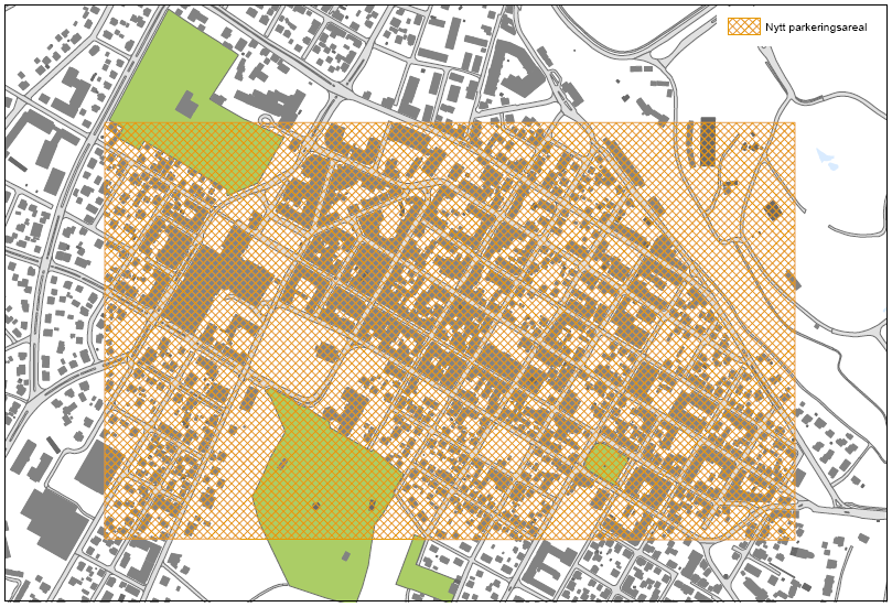 Det merkede arealet tilsvarer den parkeringsplassen som må skaffes for at Sarpsborg kommunes forventede, nye innbyggere frem til 2050