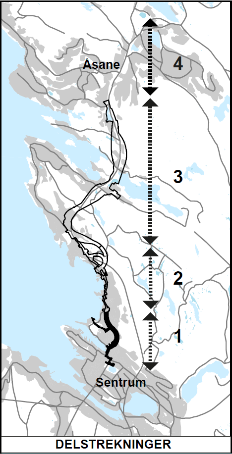 Inndeling i delstrekninger Bybanetraséen fra sentrum til Åsane deles inn i fire delstrekninger med hver sin reguleringsplan.