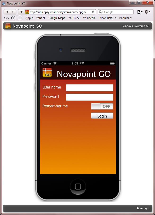 Start: Logg inn på Novapoint GO serveren ved å benytte brukernavn og passord