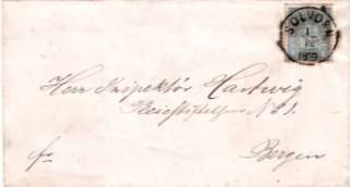 Korrekt frankert innenlandsbrev, stemplet Solvorn 1.12.1869. Brevet har gått med D/S Framnæs i ruten mellom Indre Sogn og Bergen. Posten med Fylkesbaatane.