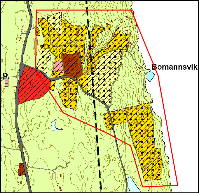 Bomansvik løsninger Boligområder tilknyttes VA-ledningsnett (gult), overføres res via sjøledning til Kirkevika renseanlegg.