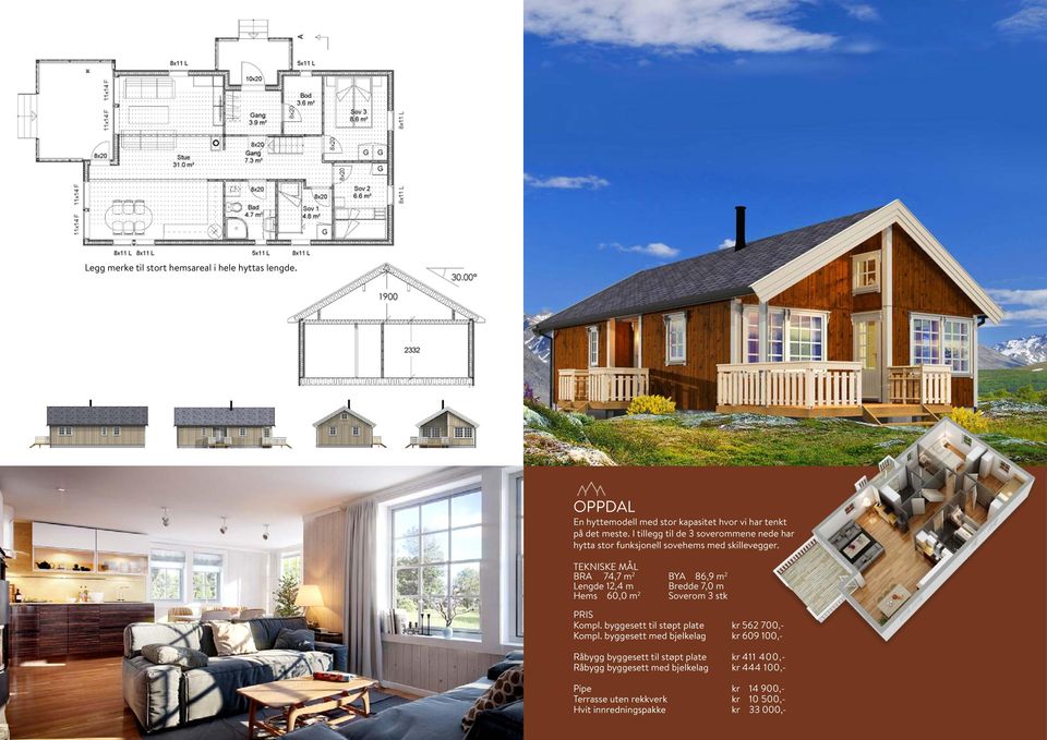 BRA 74,7 m 2 BYA 86,9 m 2 Lengde 12,4 m Bredde 7,0 m Hems 60,0 m 2 Soverom 3 stk Kompl. byggesett til støpt plate kr 562 700,- Kompl.