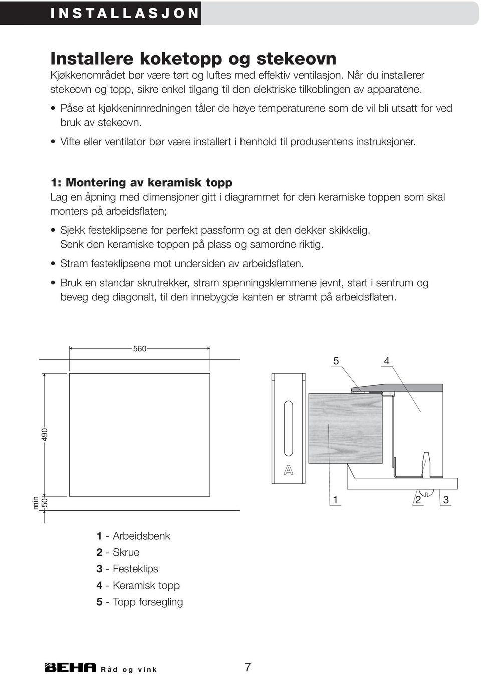 Påse at kjøkkeninnredningen tåler de høye temperaturene som de vil bli utsatt for ved bruk av stekeovn. Vifte eller ventilator bør være installert i henhold til produsentens instruksjoner.