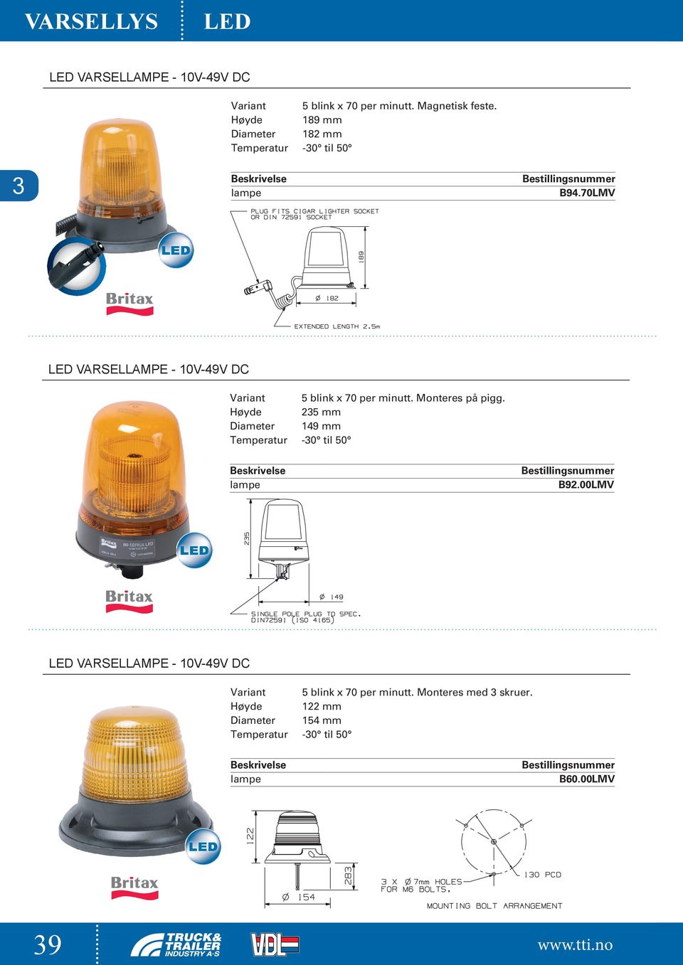 70LMV LED VARSELLAMPE - 10V-49V DC 5 blink x 70 per minutt. Monteres på pigg.