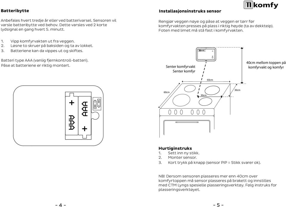 Vipp komfyrvakten ut fra veggen. 2. Løsne to skruer på baksiden og ta av lokket. 3. Batteriene kan da vippes ut og skiftes. Batteri type AAA (vanlig fjernkontroll-batteri).