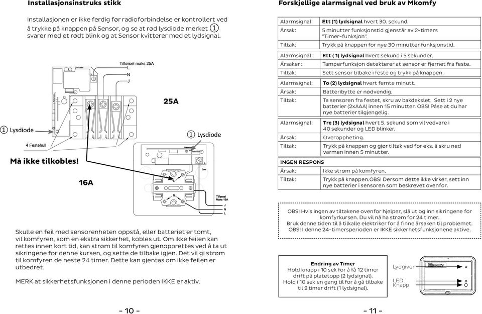 Trykk på knappen for nye 30 minutter funksjonstid. 1 Lysdiode Må ikke tilkobles! 16A 25A 1 Lysdiode Alarmsignal : Årsaker : Alarmsignal: Alarmsignal: Ett ( 1) lydsignal hvert sekund i 5 sekunder.