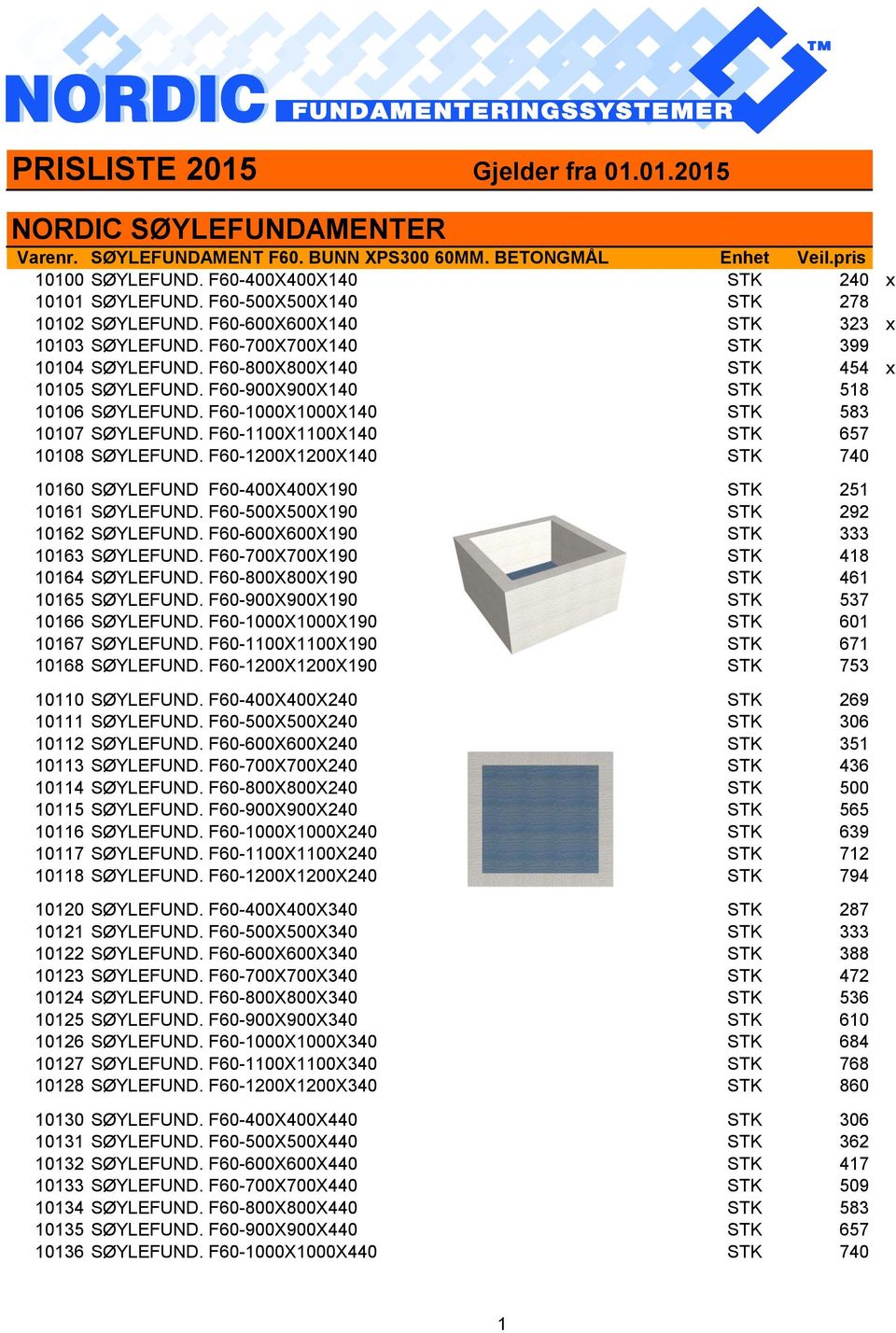 F60-900X900X140 STK 518 10106 SØYLEFUND. F60-1000X1000X140 STK 583 10107 SØYLEFUND. F60-1100X1100X140 STK 657 10108 SØYLEFUND.