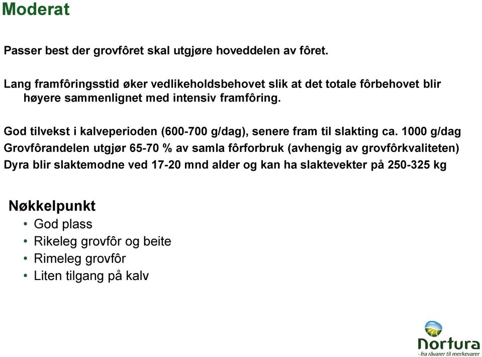 God tilvekst i kalveperioden (600-700 g/dag), senere fram til slakting ca.