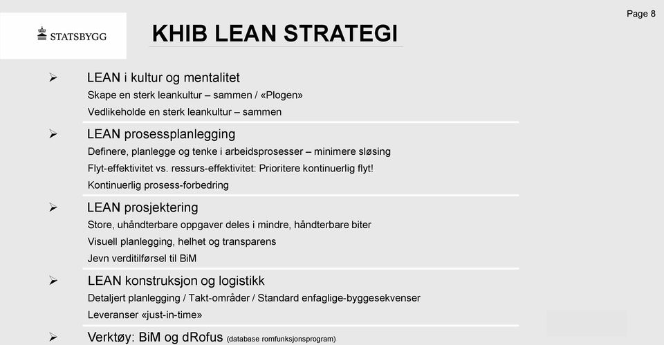 Kontinuerlig prosess-forbedring LEAN prosjektering Store, uhåndterbare oppgaver deles i mindre, håndterbare biter Visuell planlegging, helhet og transparens Jevn