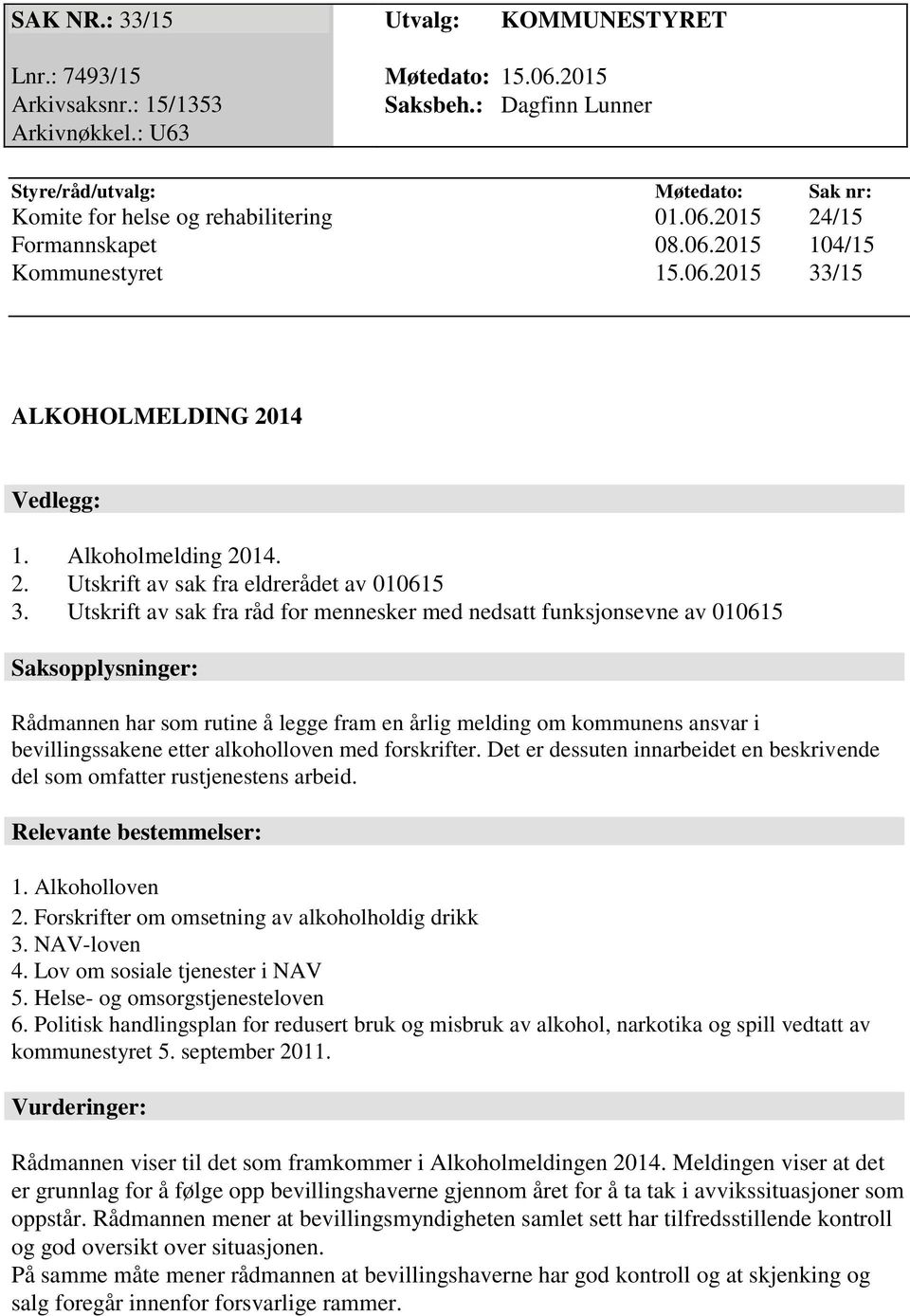 Alkoholmelding 2014. 2. Utskrift av sak fra eldrerådet av 010615 3.