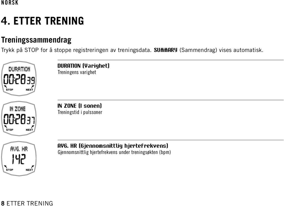 DURATION (Varighet) Treningens varighet IN ZONE (I sonen) Treningstid i pulssoner