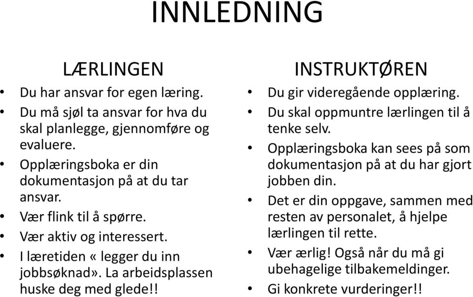 La arbeidsplassen huske deg med glede!! INSTRUKTØREN Du gir videregående opplæring. Du skal oppmuntre lærlingen til å tenke selv.