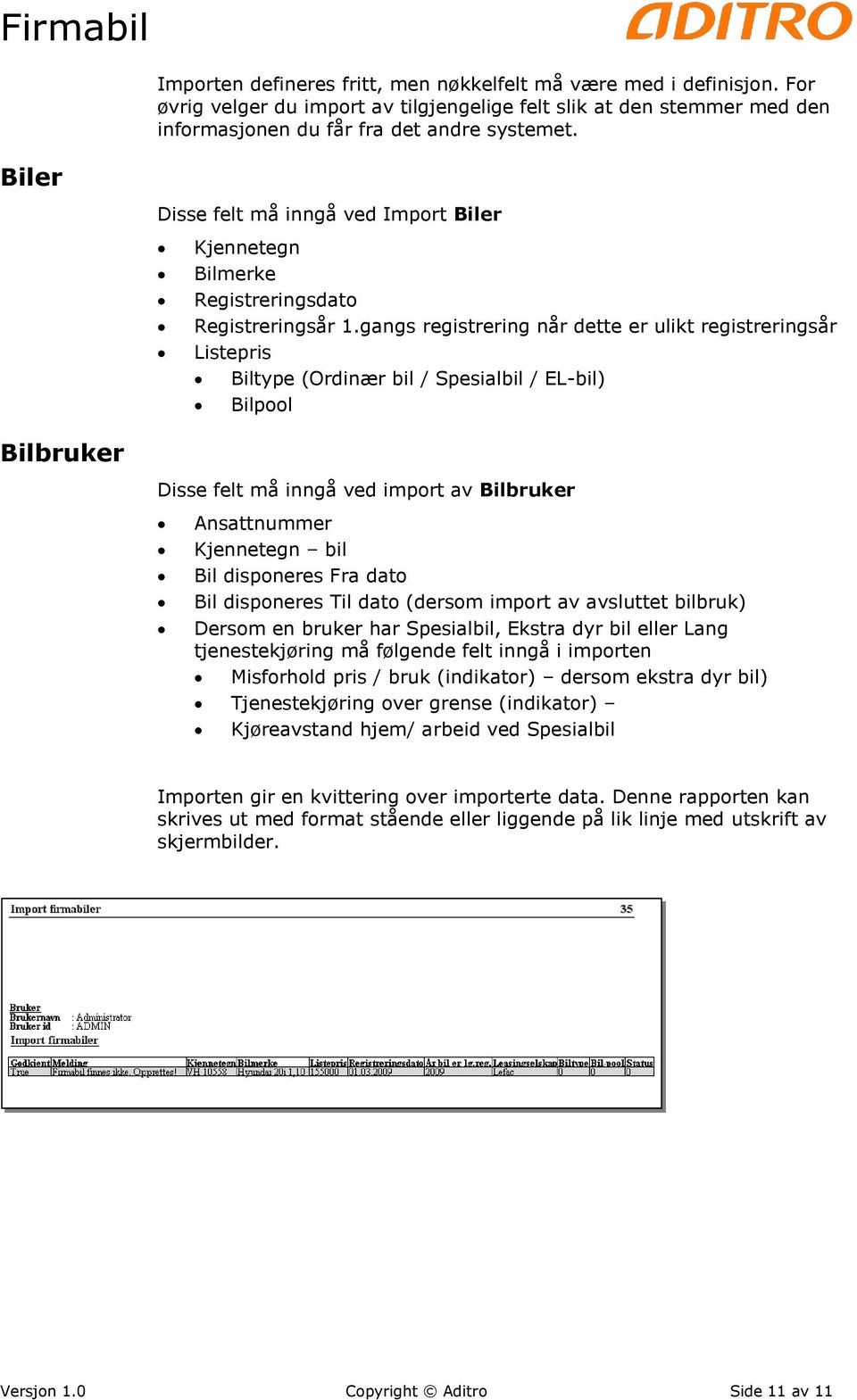 gangs registrering når dette er ulikt registreringsår Listepris Biltype (Ordinær bil / Spesialbil / EL-bil) Bilpool Bilbruker Disse felt må inngå ved import av Bilbruker Ansattnummer Kjennetegn bil