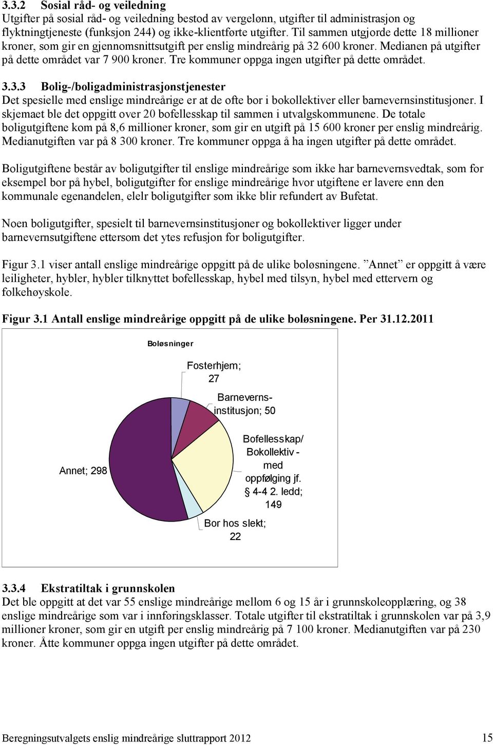 Tre kommuner oppga ingen utgifter på dette området. 3.3.3 Bolig-/boligadministrasjonstjenester Det spesielle med enslige mindreårige er at de ofte bor i bokollektiver eller barnevernsinstitusjoner.