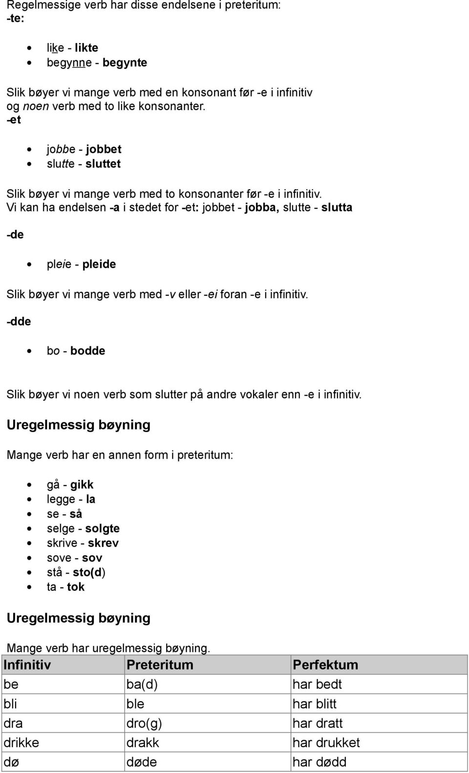 Vi kan ha endelsen -a i stedet for -et: jobbet - jobba, slutte - slutta -de pleie - pleide Slik bøyer vi mange verb med -v eller -ei foran -e i infinitiv.