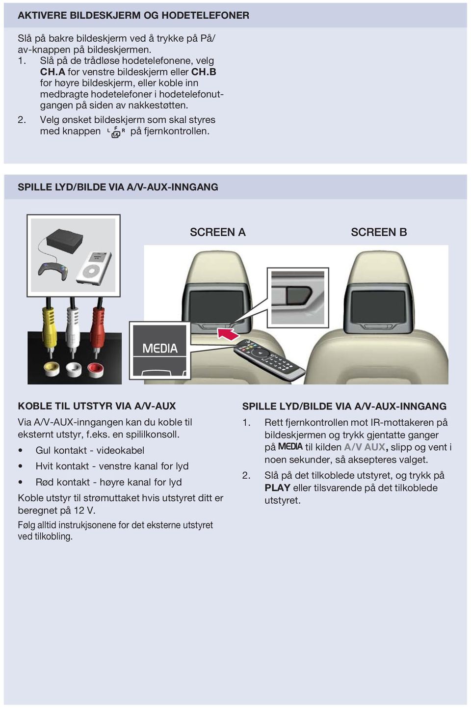 SPILLE LYD/BILDE VIA A/V-AUX-INNGANG KOBLE TIL UTSTYR VIA A/V-AUX Via A/V-AUX-inngangen kan du koble til eksternt utstyr, f.eks. en spililkonsoll.