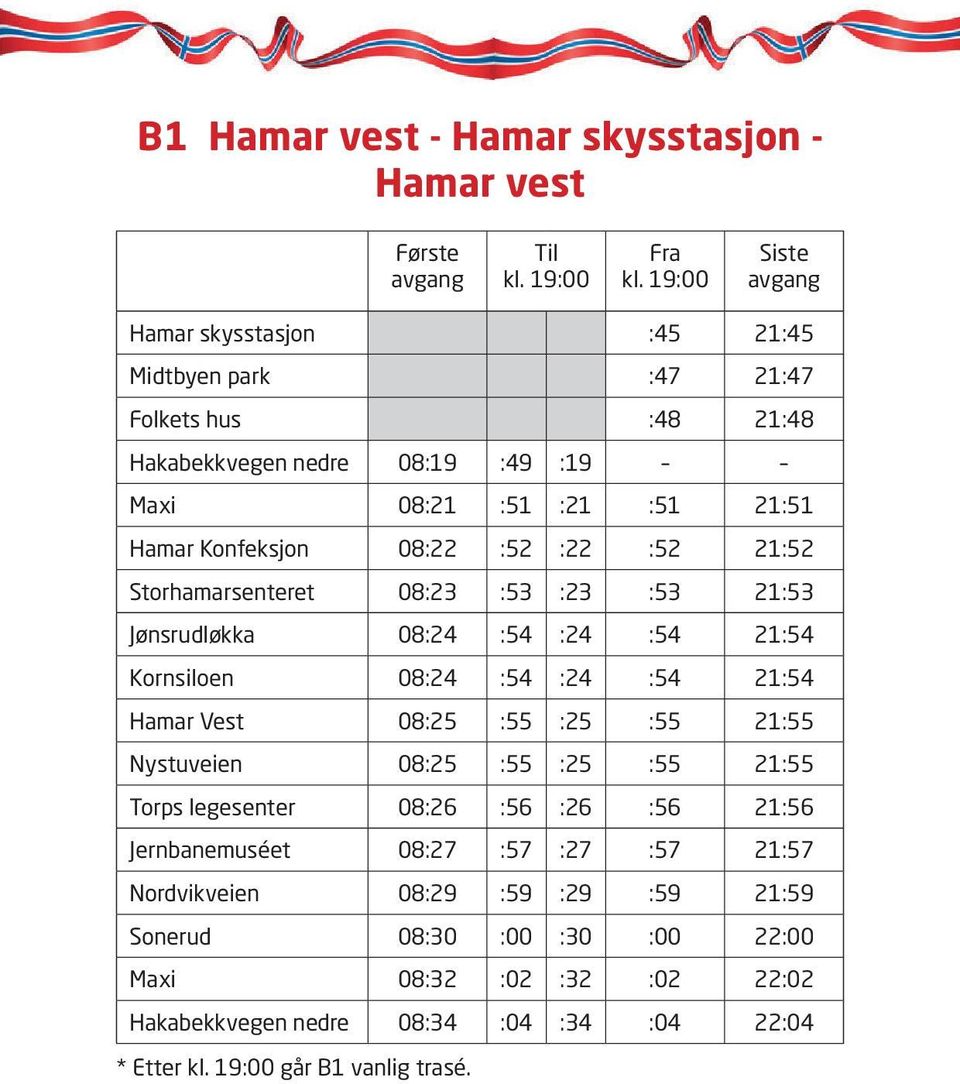 Nystuveien 08:25 :55 :25 :55 21:55 Torps legesenter 08:26 :56 :26 :56 21:56 Jernbanemuséet 08:27 :57 :27 :57 21:57 Nordvikveien 08:29 :59 :29 :59 21:59 Sonerud 08:30 :00 :30 :00 22:00 Maxi 08:32 :02