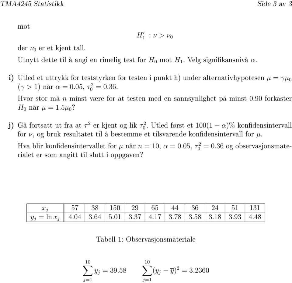 Hvor stor må n minst være for at testen med en sannsynlighet på minst 0.90 forkaster H 0 når µ = 1.5µ 0? j) Gå fortsatt ut fra at τ 2 er kjent og lik τ0 2.