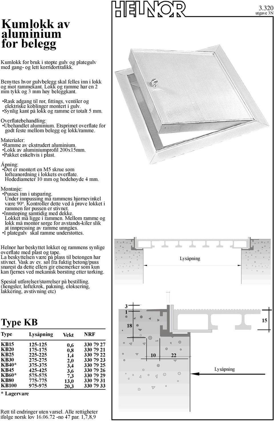 Overflatebehandling: Ubehandlet aluminium. Etsprimet overflate for godt feste mellom belegg og lokk/ramme. Ramme av ekstrudert aluminium. Lokk av aluminiumprofil 200x15mm. Pakket enkeltvis i plast.