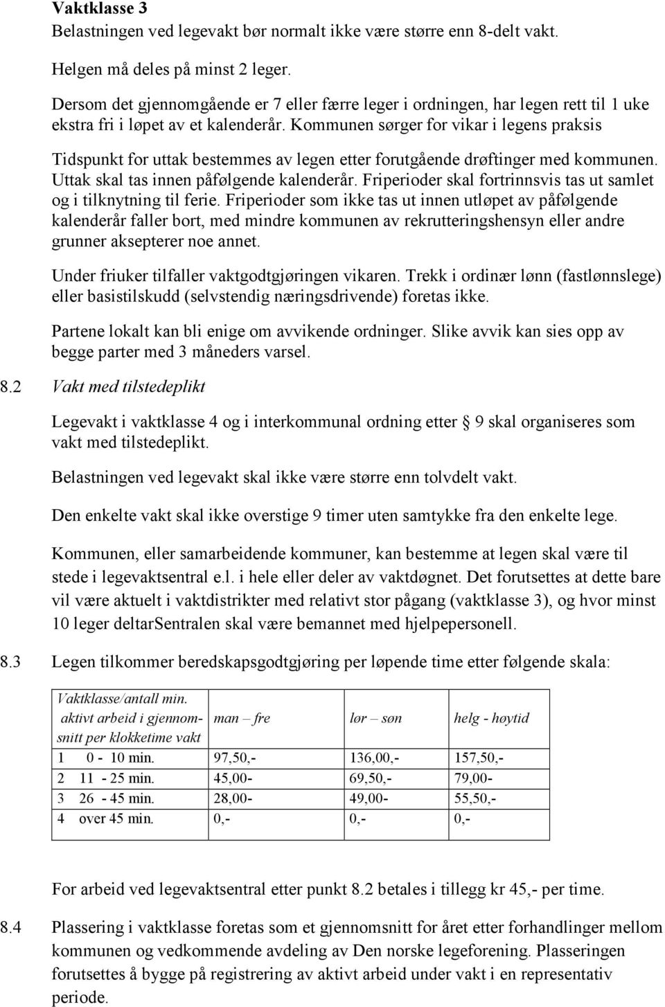 Kommunen sørger for vikar i legens praksis Tidspunkt for uttak bestemmes av legen etter forutgående drøftinger med kommunen. Uttak skal tas innen påfølgende kalenderår.