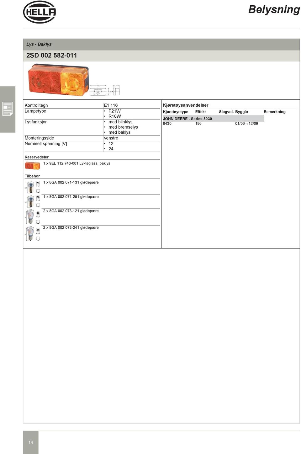 Series 8030 8430 186 01/06 12/09 Reservedeler 1 x 9EL 112 743-001 Lykteglass, baklys Tilbehør 1 x 8GA