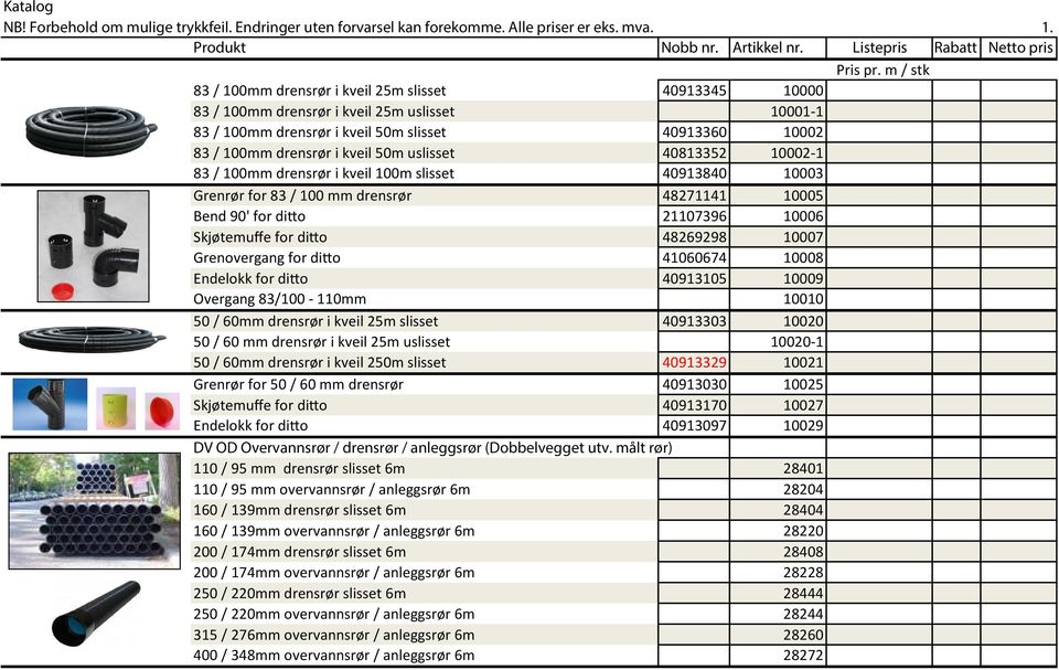 uslisset 40813352 10002-1 83 / 100mm drensrør i kveil 100m slisset 40913840 10003 Grenrør for 83 / 100 mm drensrør 48271141 10005 Bend 90' for ditto 21107396 10006 Skjøtemuffe for ditto 48269298