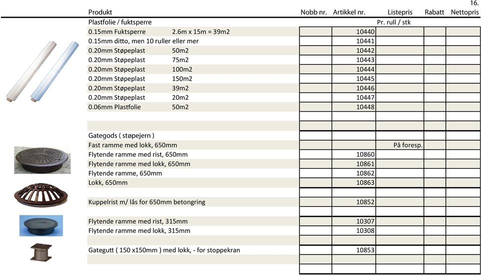 06mm Plastfolie 50m2 10448 Gategods ( støpejern ) Fast ramme med lokk, 650mm Flytende ramme med rist, 650mm 10860 Flytende ramme med lokk, 650mm 10861 Flytende ramme, 650mm