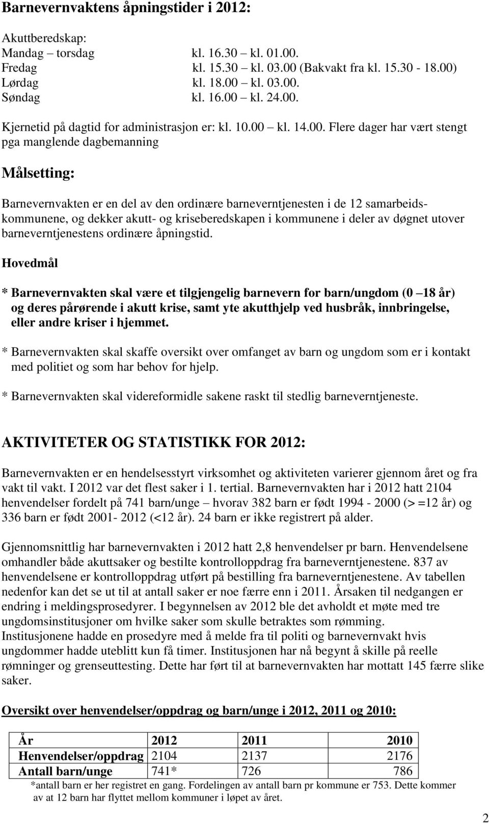 . Flere dager har vært stengt pga manglende dagbemanning Målsetting: Barnevernvakten er en del av den ordinære barneverntjenesten i de 12 samarbeidskommunene, og dekker akutt- og kriseberedskapen i