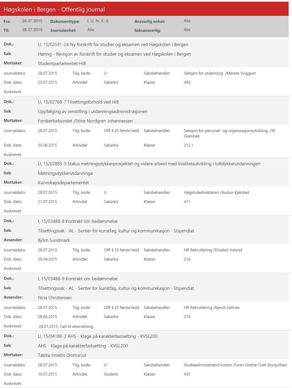 2015 Arkivdel: Sakarkiv 450, 15/02768-7 Tilsettingsforhold ved HiB Oppfølging av omstilling i utdanningsadministrasjonen Forskerforbundet /Stine Nordgren Johannessen Dok. dato: 30.06.