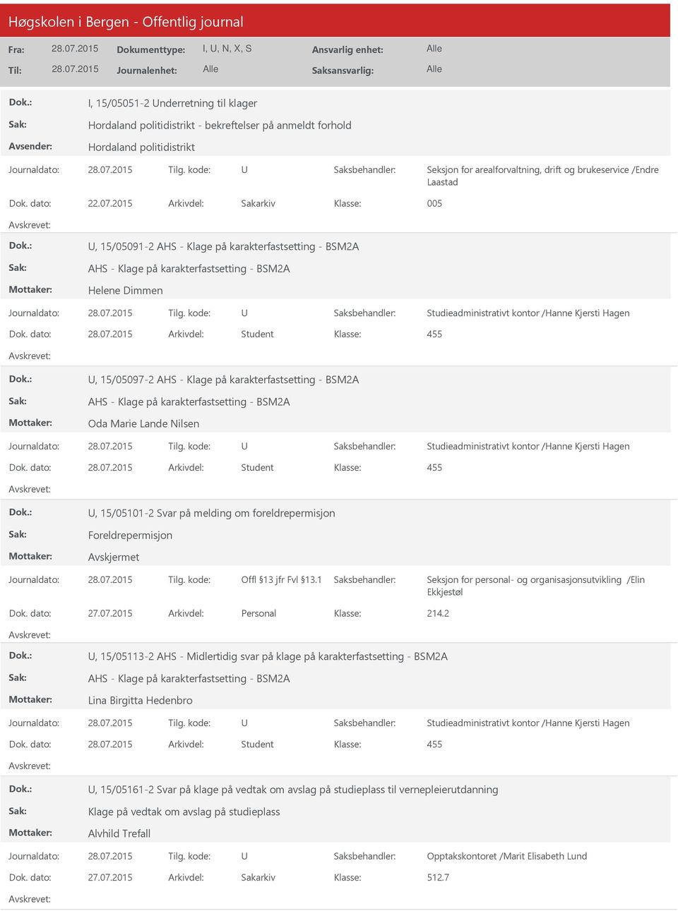 2015 Arkivdel: Sakarkiv 005, 15/05091-2 AHS - Klage på karakterfastsetting - BSM2A AHS - Klage på karakterfastsetting - BSM2A Helene Dimmen Studieadministrativt kontor /Hanne Kjersti Hagen Dok.