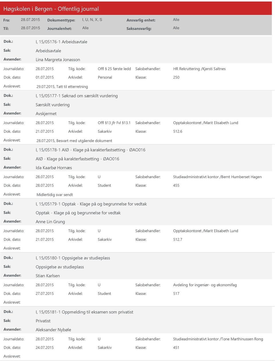 6, Besvart med utgående dokument I, 15/05178-1 AIØ - Klage på karakterfastsetting - ØAO016 AIØ - Klage på karakterfastsetting - ØAO016 Ida Kaarbø Hornæs Studieadministrativt kontor /Bernt Humberset