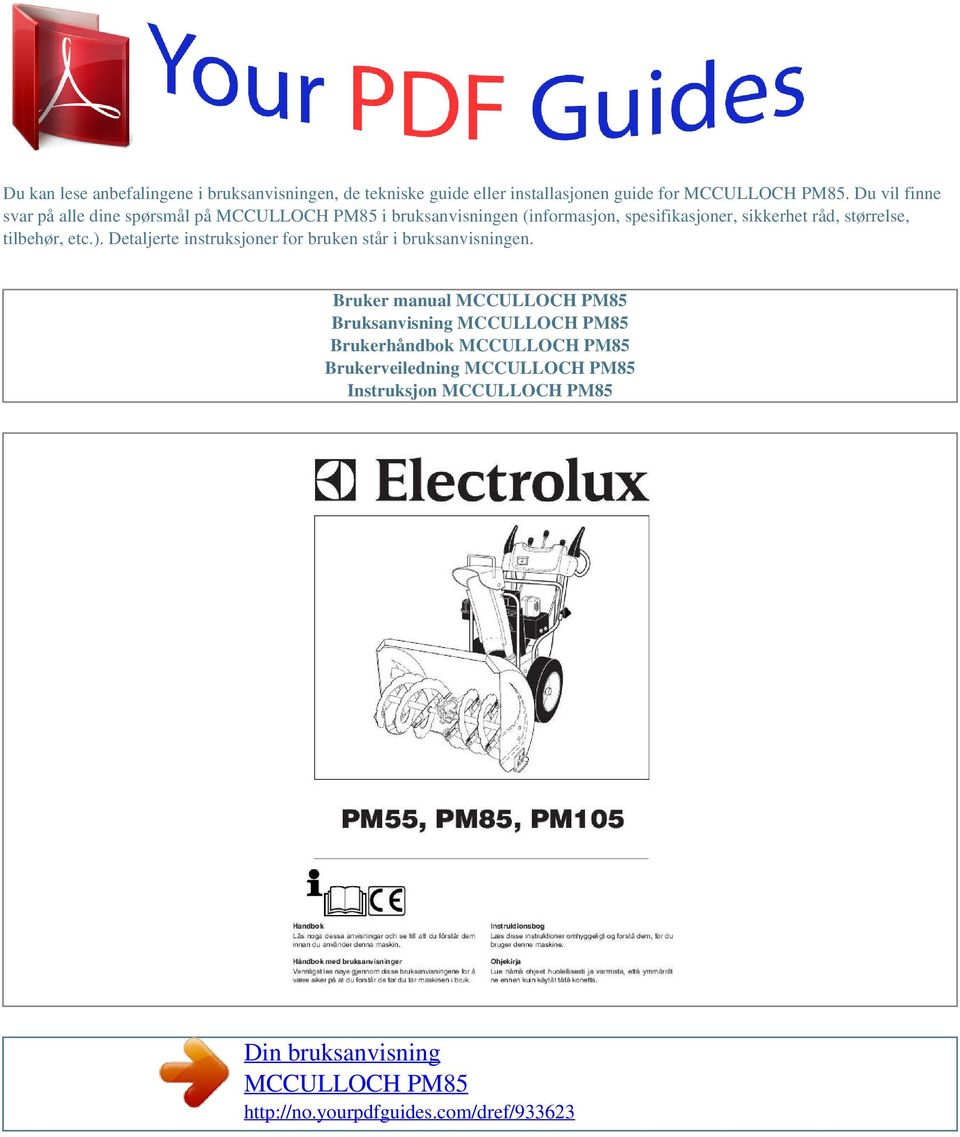 Din bruksanvisning MCCULLOCH PM85 - PDF Gratis nedlasting