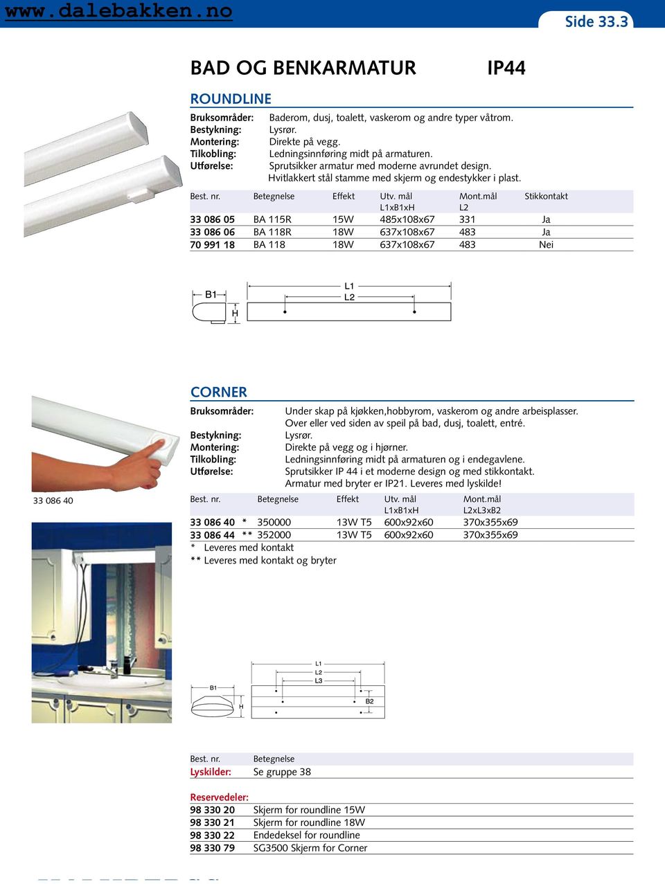 mål Stikkontakt L1xB1xH L2 33 086 05 BA 115R 15W 485x108x67 331 Ja 33 086 06 BA 118R 18W 637x108x67 483 Ja 70 991 18 BA 118 18W 637x108x67 483 Nei SIDE 69.3 Side 33.
