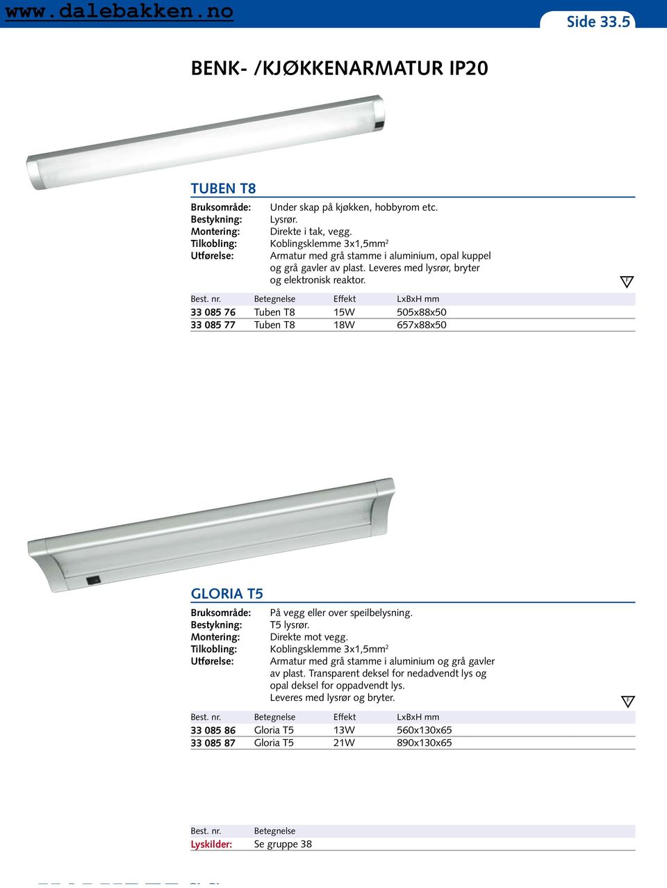 F Effekt LxBxH mm 33 085 76 Tuben T8 15W 505x88x50 33 085 77 Tuben T8 18W 657x88x50 GLORIA T5 Bruksområde: På vegg eller over speilbelysning. T5 lysrør. Direkte mot vegg.
