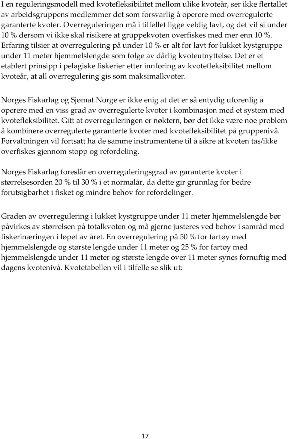 Erfaring tilsier at overregulering på under 10 % er alt for lavt for lukket kystgruppe under 11 meter hjemmelslengde som følge av dårlig kvoteutnyttelse.