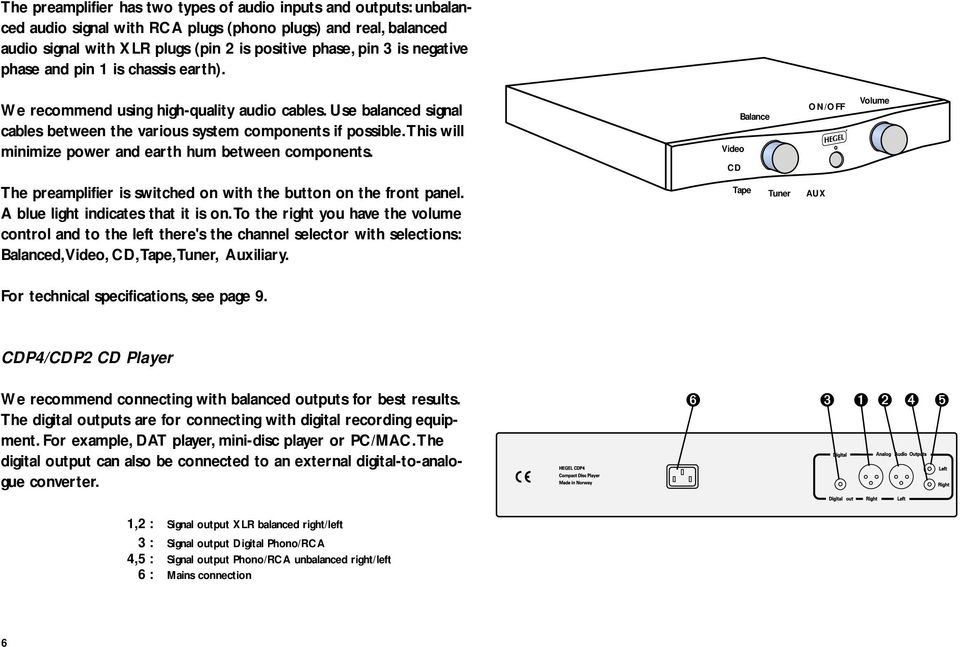 this will minimize power and earth hum between components. Balance Video CD ON/OFF Volume The preamplifier is switched on with the button on the front panel. A blue light indicates that it is on.