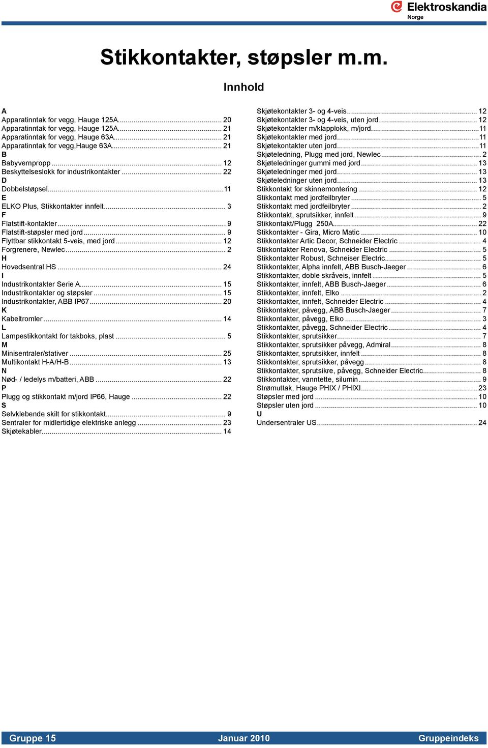 .. 9 Flyttbar stikkontakt 5-veis, med jord... 12 Forgrenere, Newlec... 2 H Hovedsentral HS... 24 I Industrikontakter Serie A... 15 Industrikontakter og støpsler... 15 Industrikontakter, ABB IP67.