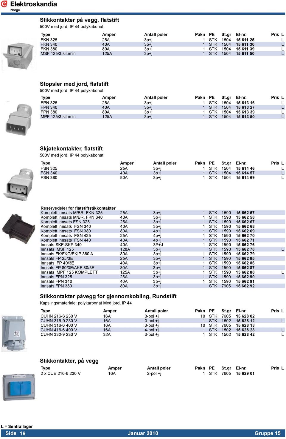 1 STK 1504 15 613 39 L MPF 125/3 silumin 125A 3p+j 1 STK 1504 15 613 50 L Skjøtekontakter, flatstift 500V med jord, IP 44 polykabonat FSN 325 25A 3p+j 1 STK 1504 15 614 46 L FSN 340 40A 3p+j 1 STK