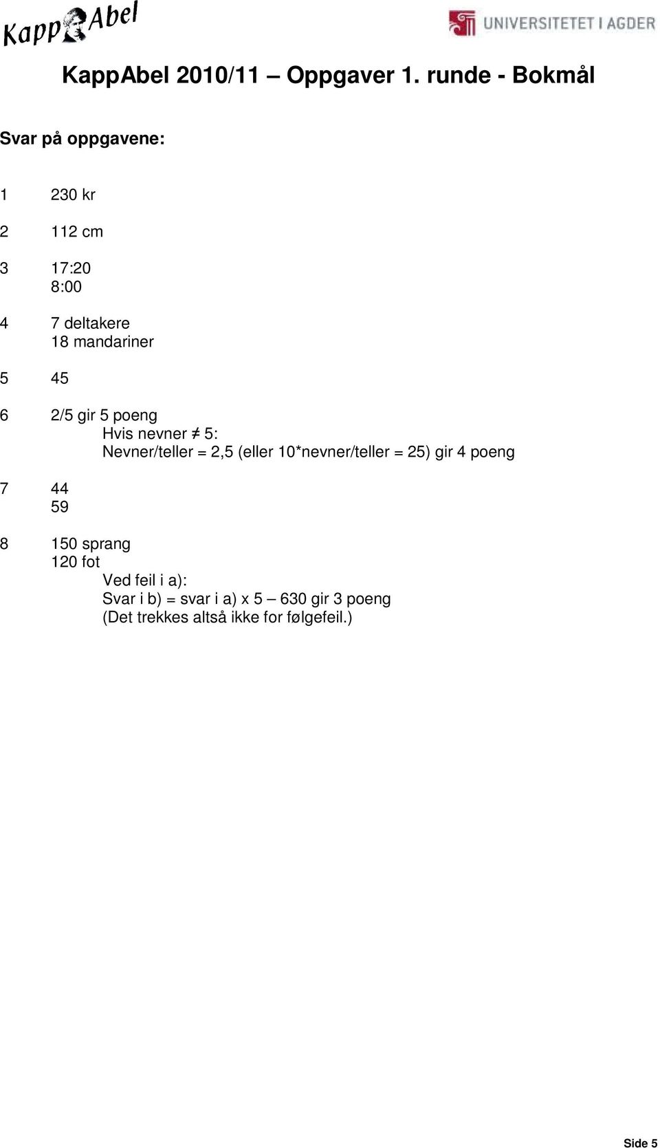 10*nevner/teller = 25) gir 4 poeng 7 44 59 8 150 sprang 120 fot Ved feil i